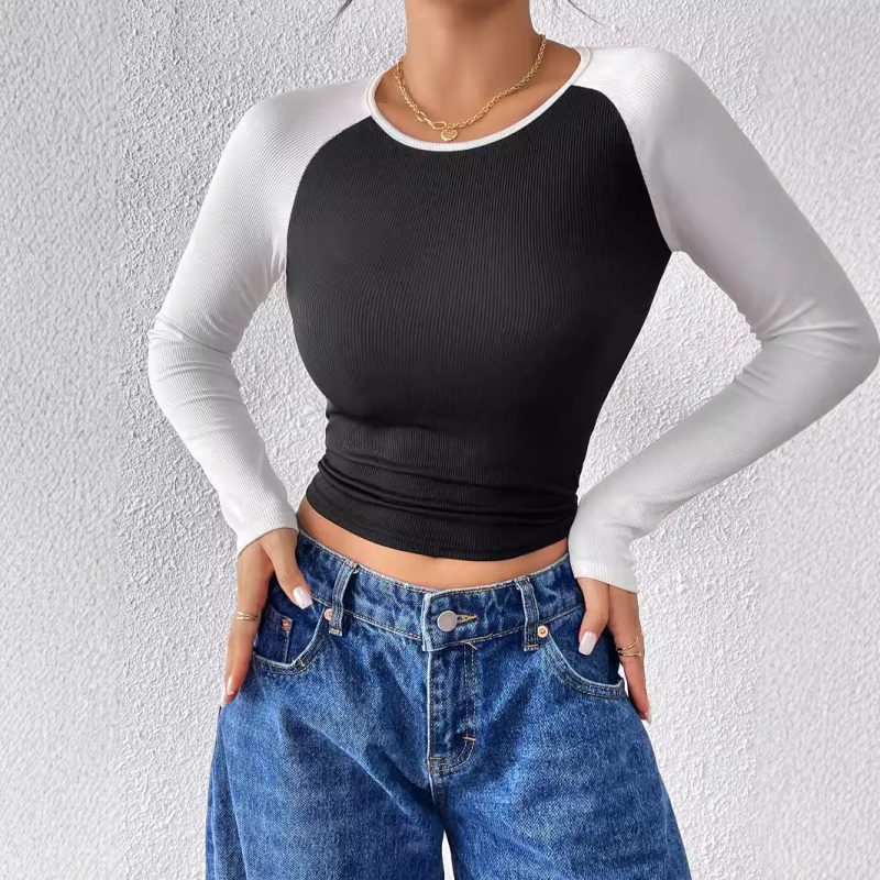 Slim Fit Black & White Contrast Top – Long Sleeve Office Wear - Image 3