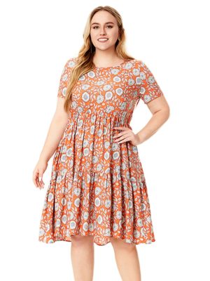 Plus Size Summer Round Neck Short Sleeve Printed Rayon One-Piece Dress