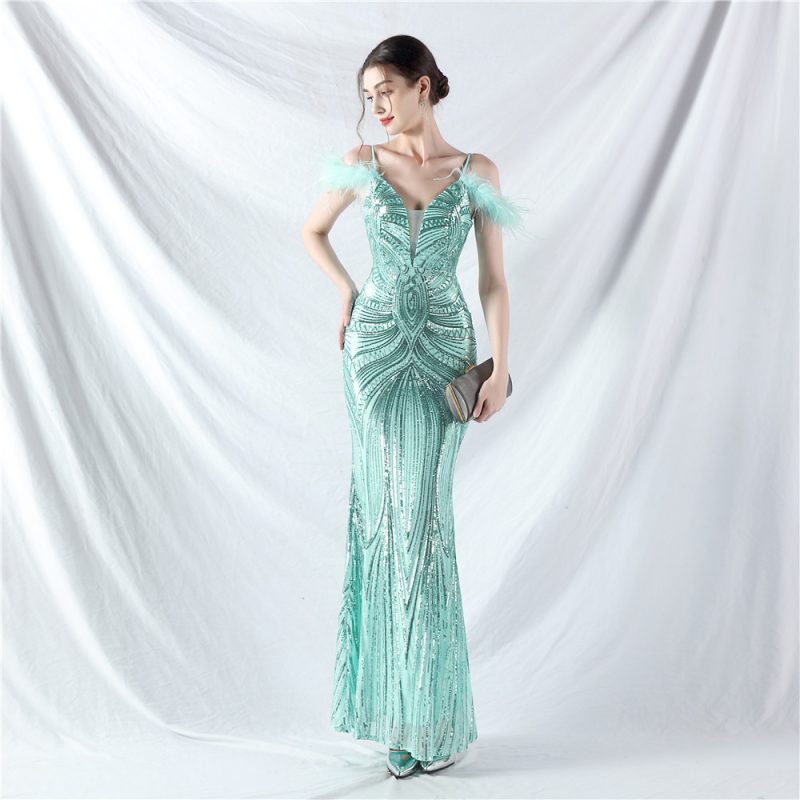 Ostrich Feather Floral Sequin Evening Dress Craft Order - Image 4