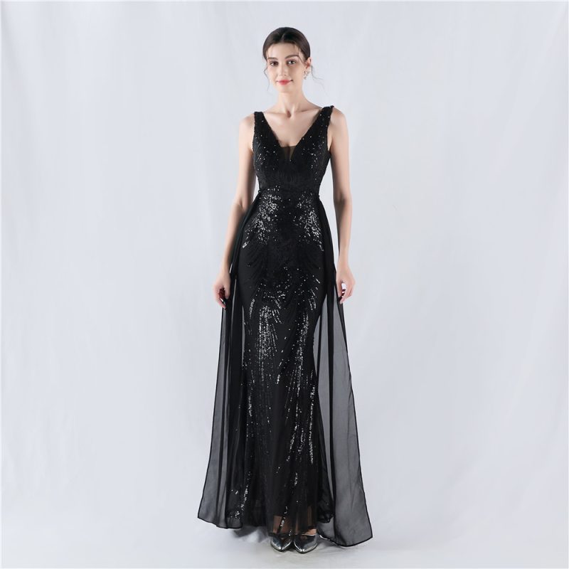 Floral Sequin Beaded Back Cloak Evening Dress for Events - Image 4