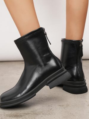 Chunky Heel Round Toe Faux Leather Zipper Ankle Boots for Women