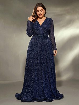 Plus Size Evening Dress Women Cocktail Host Gorgeous Queen Long Sleeve Sequin Elegant Dress