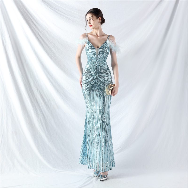 Ostrich Feather Floral Sequin Evening Dress Craft Order