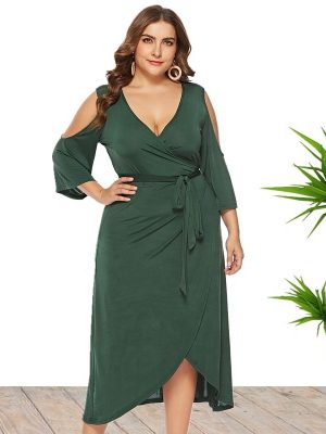 Plus Size Summer Short Sleeve Off Shoulder Lace-Up Split Dress for Women