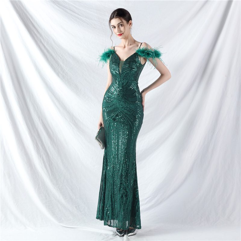 Ostrich Feather Floral Sequin Evening Dress Craft Order - Image 3