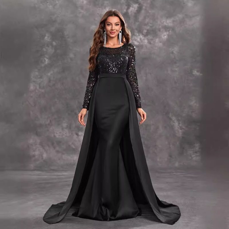 Women’s Elegant Black Sequined Long Sleeve Round Neck Prom Party Dress - Image 3