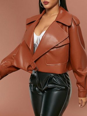 Women’s Faux Leather Jacket Solid Color Collared Long Sleeve