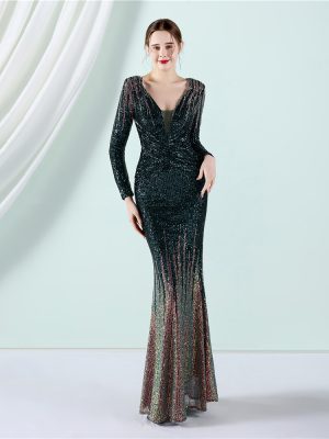 Gradient Sequin Long Sleeve Evening Dress – Spring & Summer