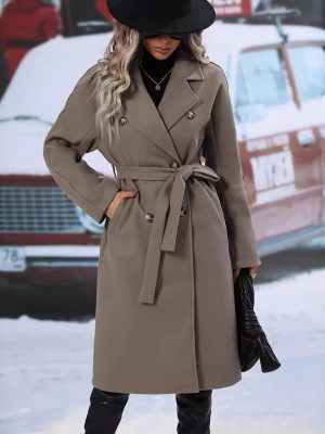 Double Breasted Lace-Up Woolen Overcoat for Women – Autumn Winter