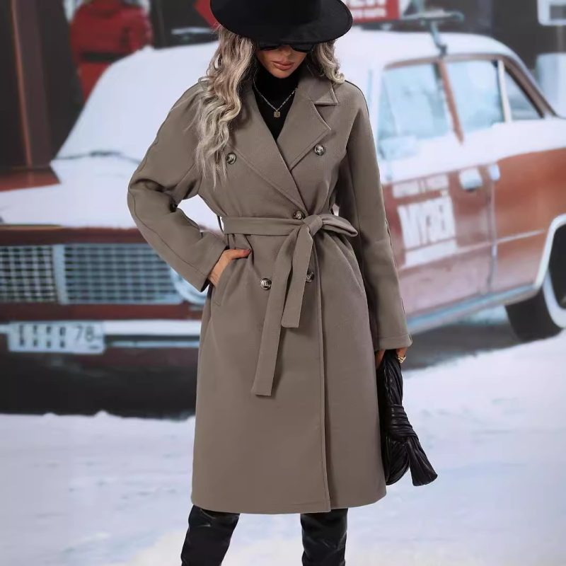 Double Breasted Lace-Up Woolen Overcoat for Women - Autumn Winter