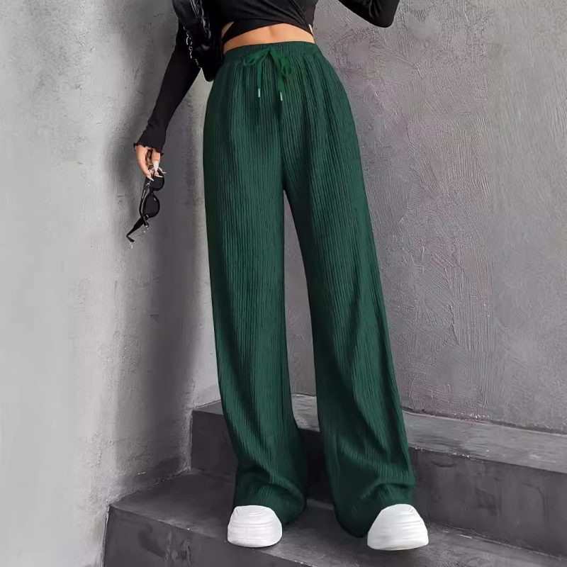 Spring Autumn Striped Wide Leg Pants – High Waist Elastic Drawstring