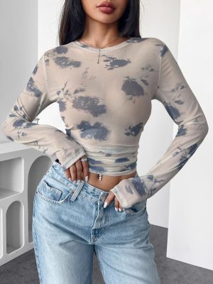 Elegant Floral Mesh Pleated Top – Women’s Short Top for Fall Winter