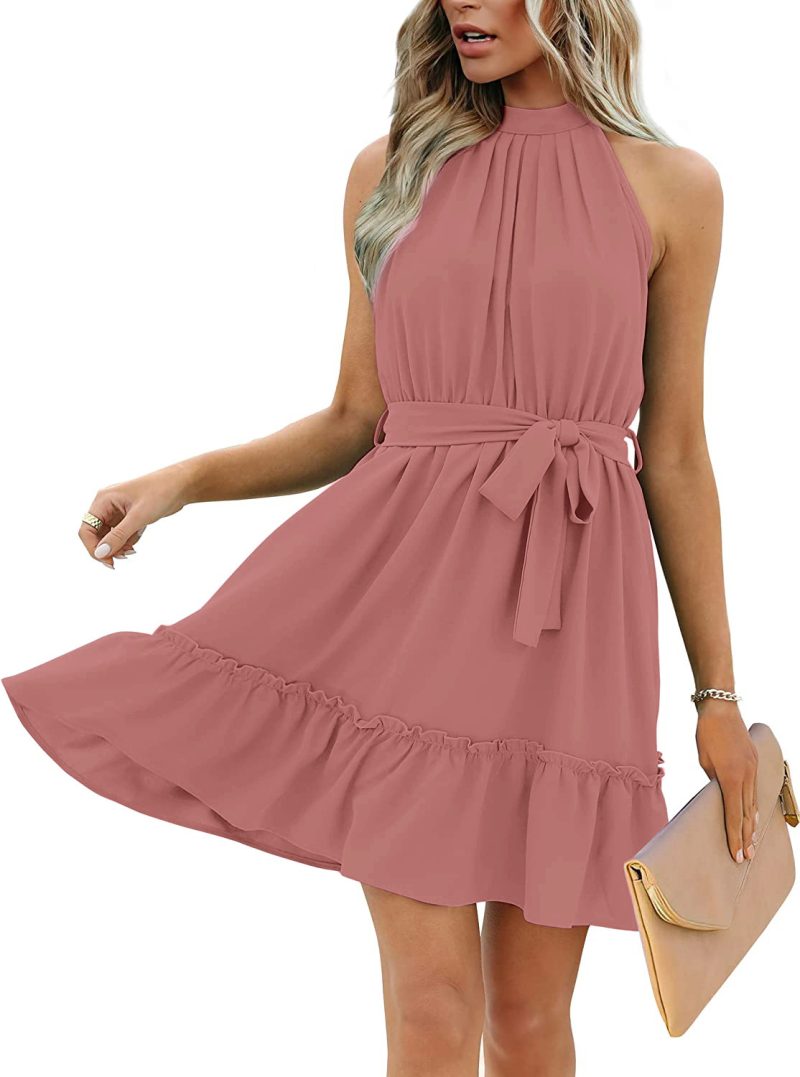 Women's Casual Sleeveless Wooden Ear Swing Dress with Waist Tie - Image 2