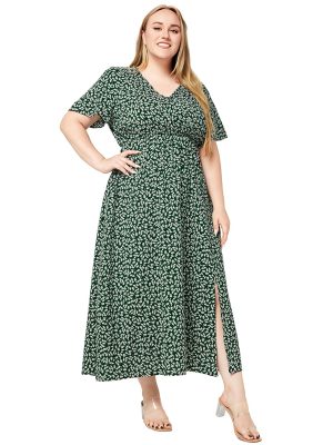 Plus Size Women Summer V Neck Short Sleeve Split Print Pockets Bohemian Beach Dress