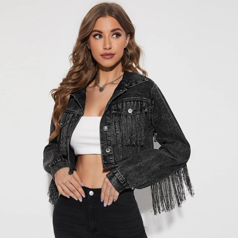 Women’s Old Cowboy Denim Jacket with Tassel Stitching – Vintage Western Style - Image 2