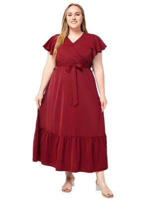 Plus Size Women Summer V-Neck Short Sleeve Solid Color Elegant Large Swing Dress