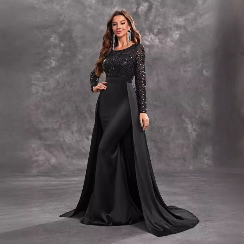 Women’s Elegant Black Sequined Long Sleeve Round Neck Prom Party Dress - Image 4
