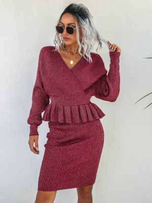 Ruffled Knitted Sweater Dress Two-Piece Set for Women