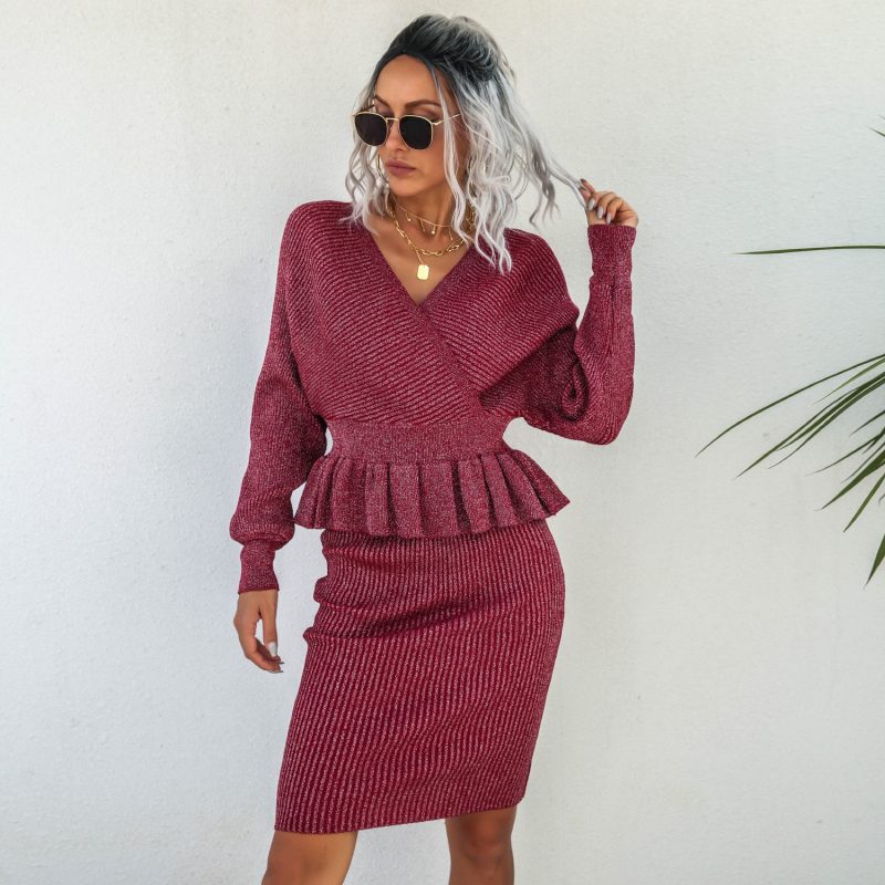 Ruffled Knitted Sweater Dress Two-Piece Set for Women