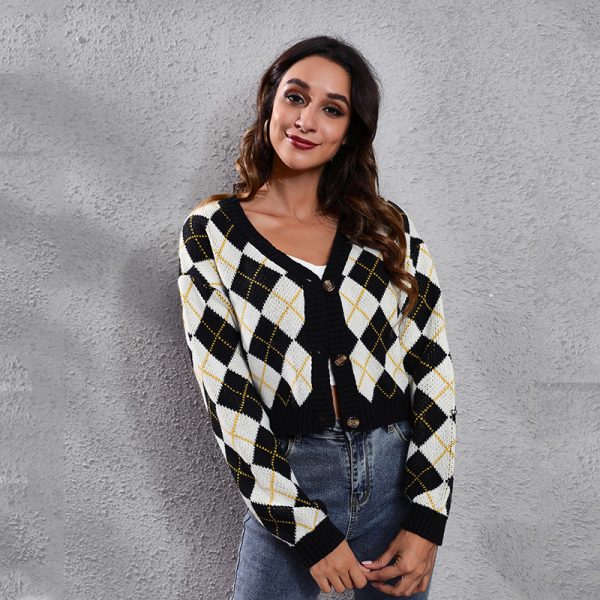 Diamond Pattern Loose Knitted Cardigan – Short Women’s Sweater - Image 3