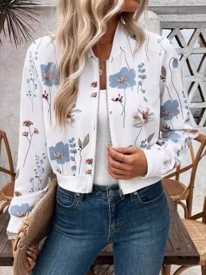 Elegant Floral Print Cropped Jacket – Women’s Zipper Coat for Fall Winter