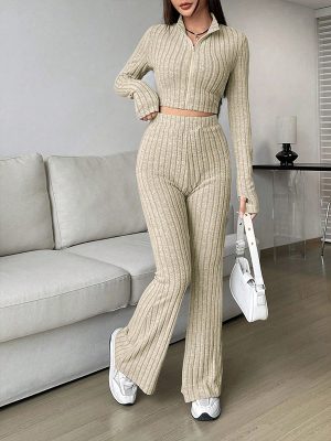 Zipper Cardigan High Waist Flared Pants Solid Knitwear Wide Leg Set