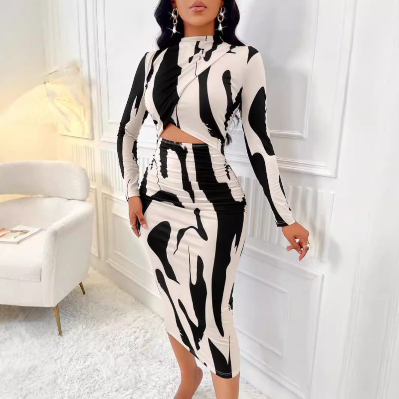 Printed Long Sleeve Narrow Dress - Women’s Fall Fashion