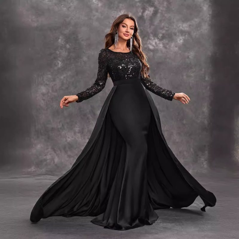 Women’s Elegant Black Sequined Long Sleeve Round Neck Prom Party Dress - Image 5