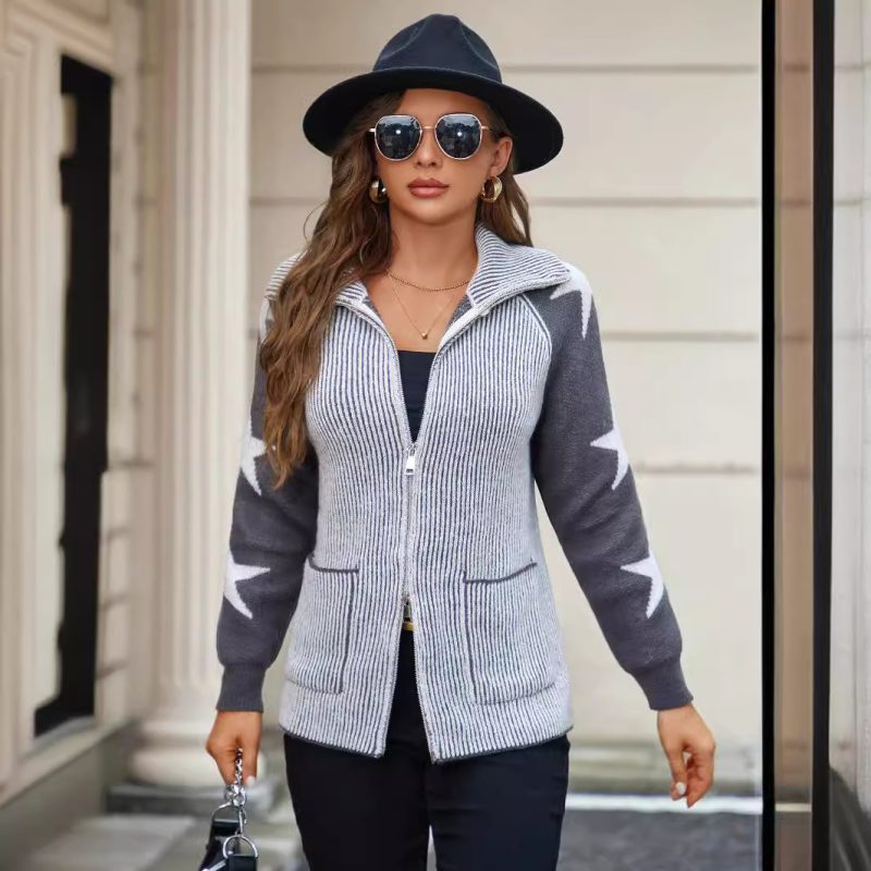 Women's Jacquard Ribbon Pocket Cardigan with Double Zipper - Image 3