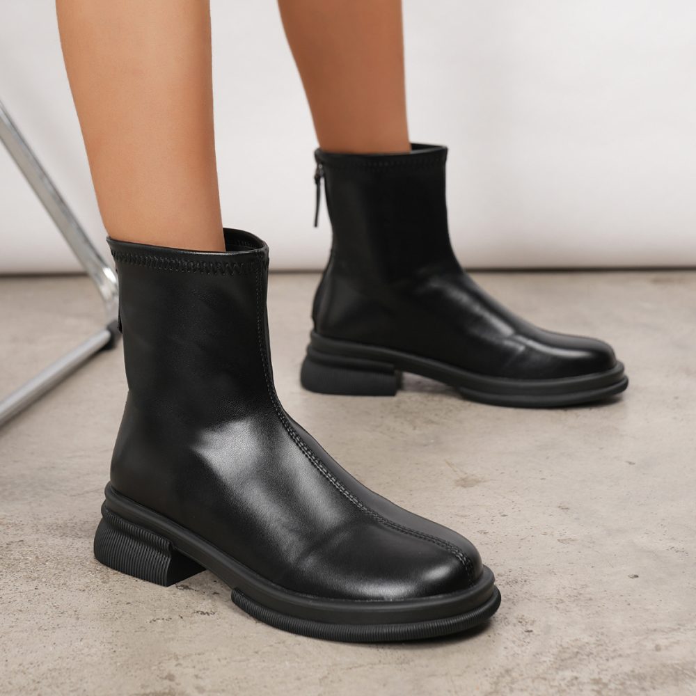 Chunky Heel Round Toe Faux Leather Zipper Ankle Boots for Women - Image 3