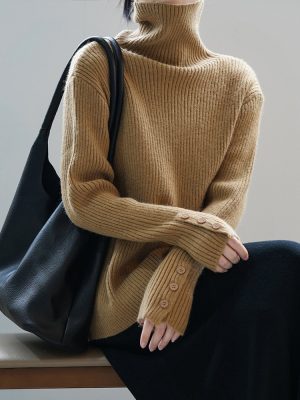 Women’s Soft Turtleneck Buttoned Slim Knit Sweater