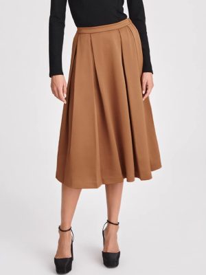 Women Autumn Winter Pleated High Waist Zipper Swing Midi Skirt