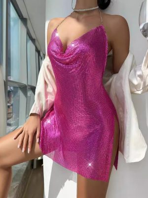 Backless Sequined Halter Dress – V-Neck Metal Strap Nightclub Dress