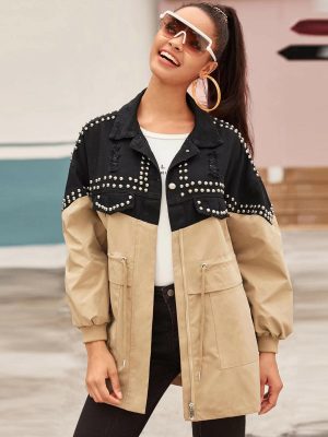 Women’s Denim Patchwork Trench Coat – Mid-Length Casual Street Hipster Jacket