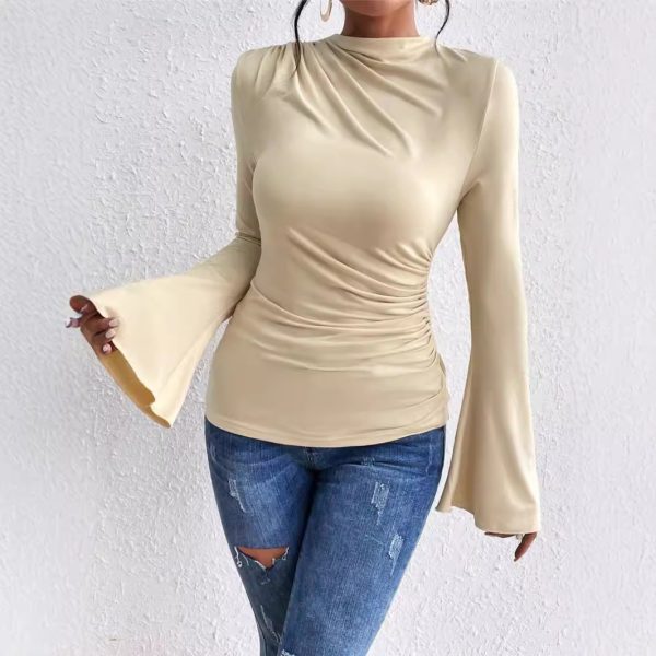 Autumn Winter Pleating Bell Sleeve Stand-up Collar Slim Fit T-Shirt