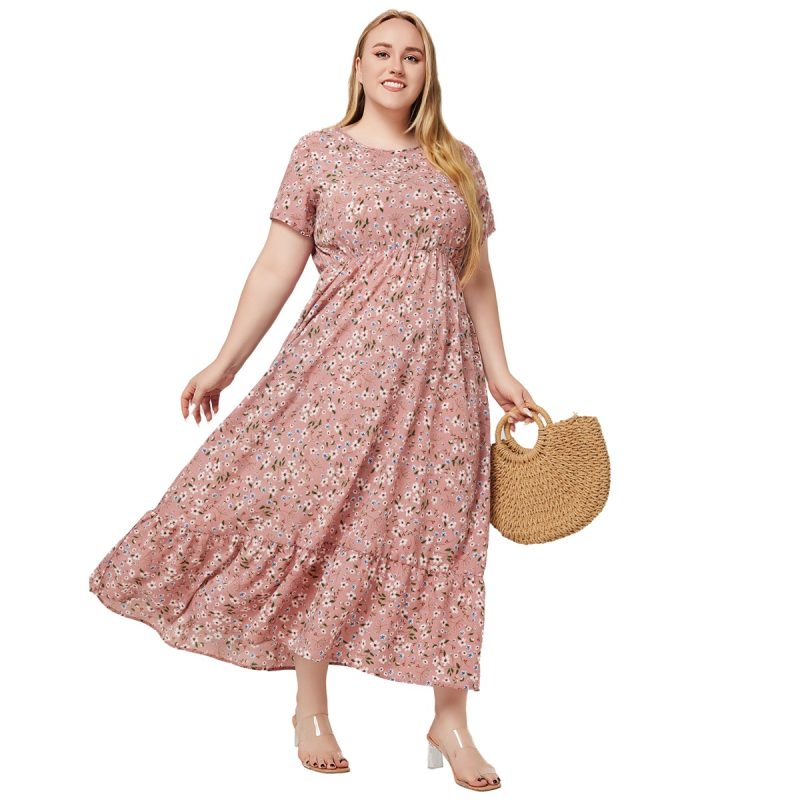 Plus Size Women Summer Round Neck Short Sleeve Printed Pocket Dress