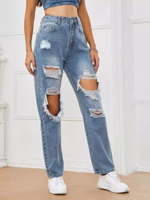 Women’s High Waist Ripped Casual Jeans