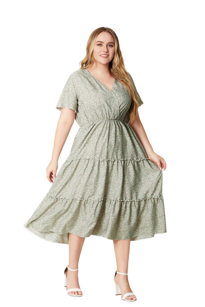 Plus Size Women Summer V-Neck Short Sleeve Floral Print Casual Dress - Image 2