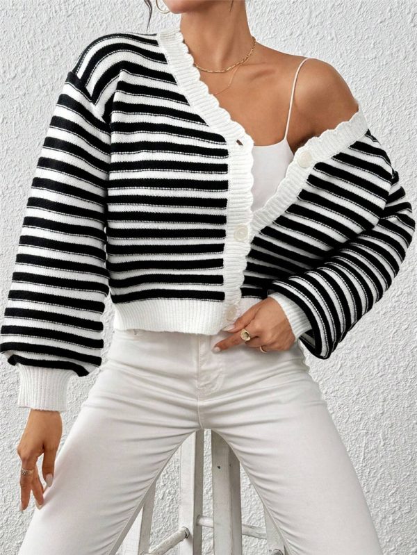 Rainbow Striped Knitted Cardigan Sweater Coat with Lantern Sleeves - Image 3