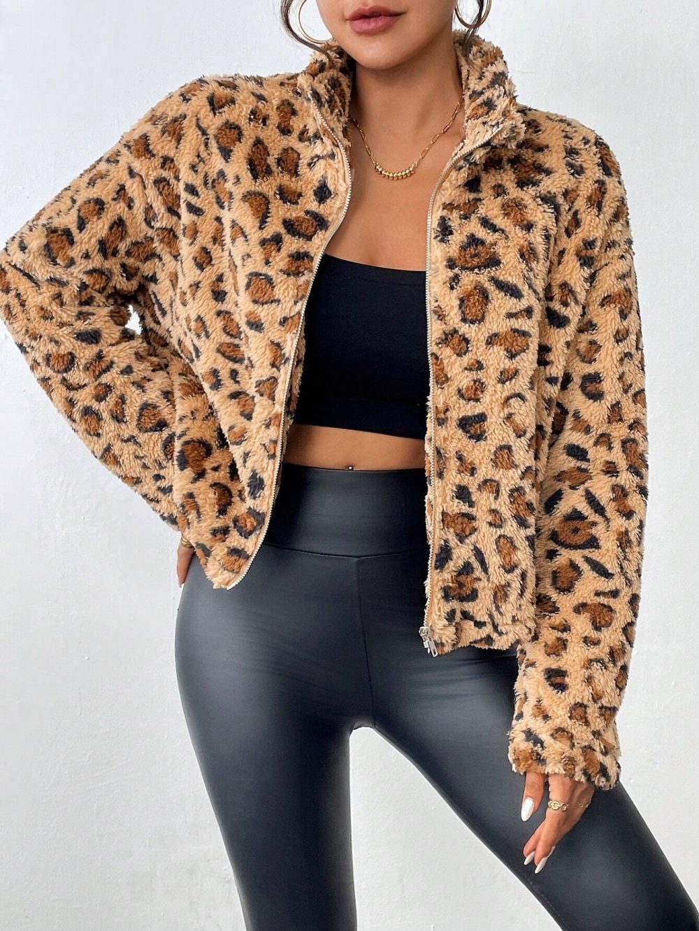 Popular Leopard Print Double-Sided Plush Zipper Cardigan Casual Jacket for Women - Image 3
