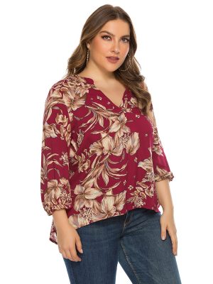 Plus Size Women Spring Autumn Long Sleeve V-neck Printed Rayon Top