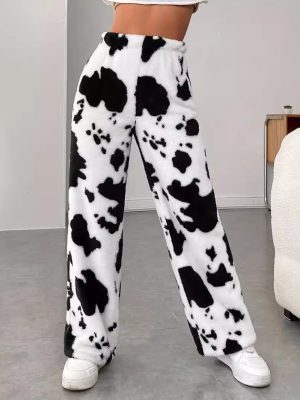 High Waist Furry Cow Print Trousers – Cozy Casual Pants for Autumn Winter