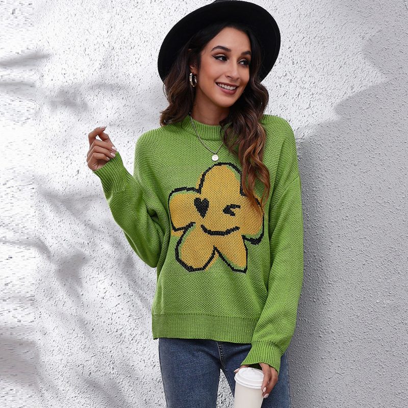 Cute Floral Cartoon Brocade Loose Sweater for Women