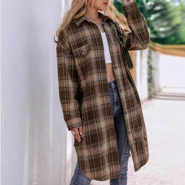 Loose Fitting Woolen Plaid Coat for Women - Image 2