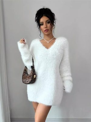 V Neck Loose Knit Woolen Pullover – Autumn Winter Outerwear for Women