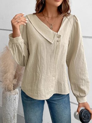 V-Neck Button Long Sleeve Solid Color Loose Shirt for Women