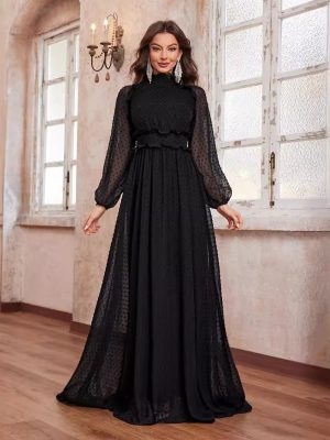 Elegant Polka Dot Chiffon Floor Dress – High Collar, Long Sleeve