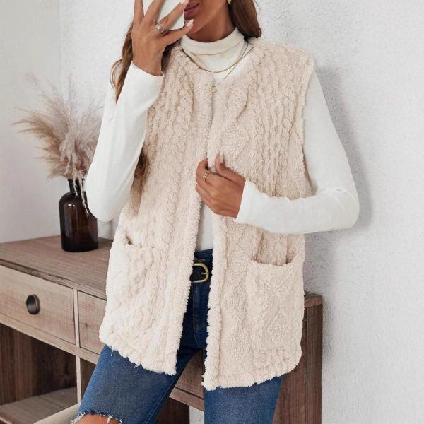 Double Sided Plush Pocket Casual Cardigan Vest Women