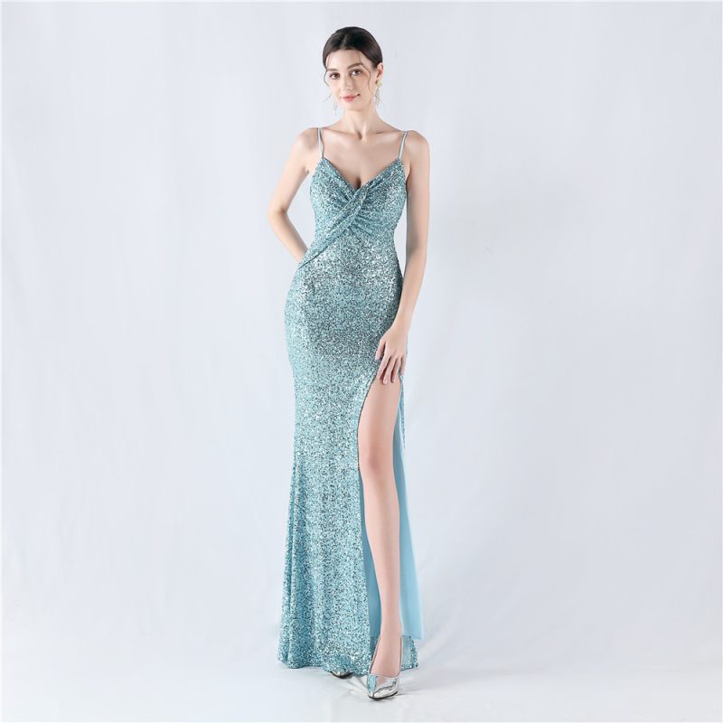 Sexy High Slit Sequin Strap Evening Dress - Image 4