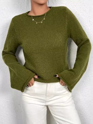 Women’s Crew Neck Solid Color Bell Sleeve Sweater